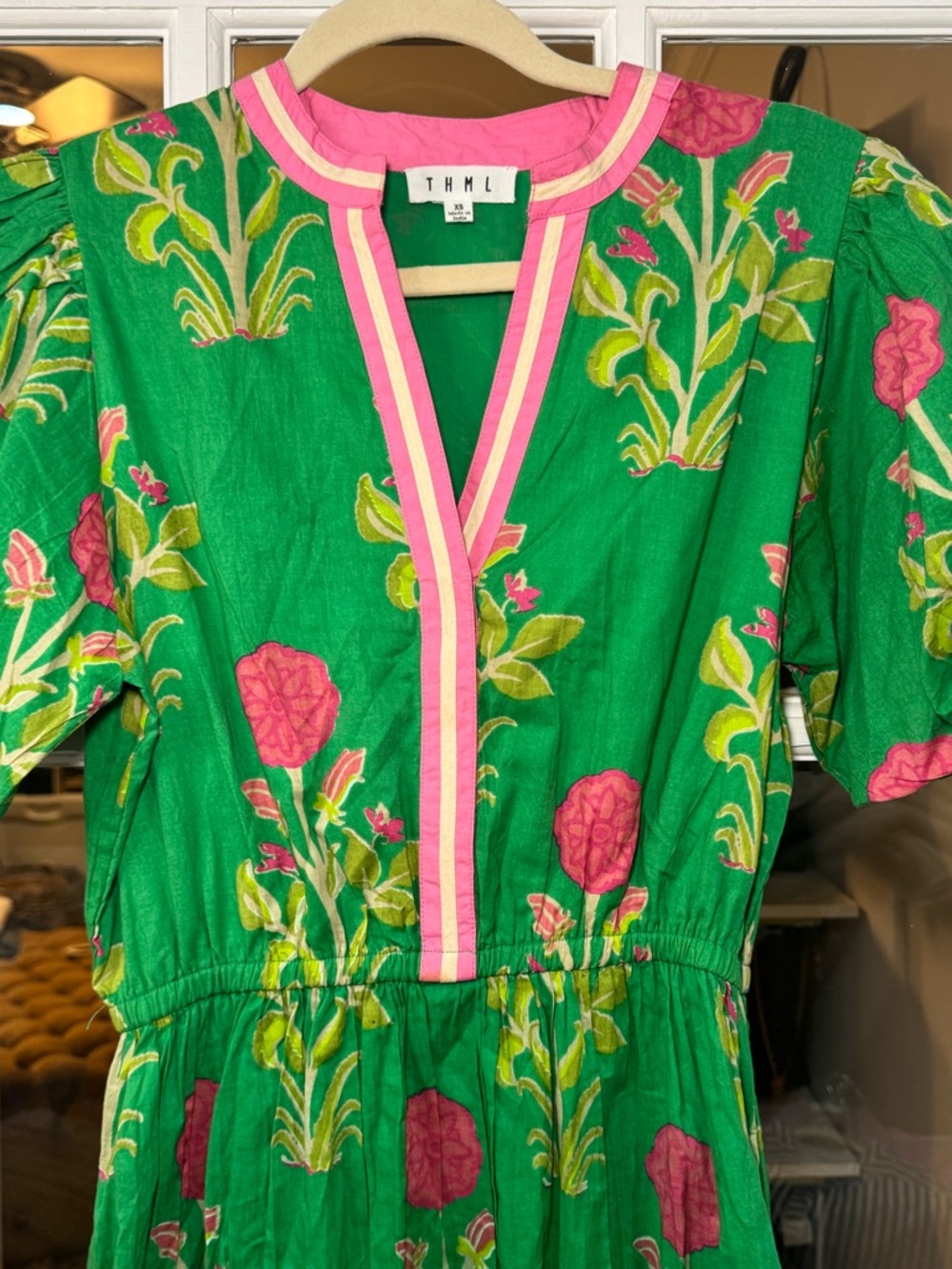 🌺🍋🟩THML Green Floral Maxi Dress with Pink Trim embroidered boho puff sleeve - Picture 6 of 10
